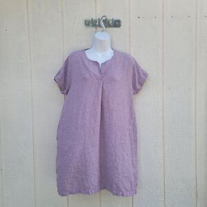 Pure  Jill Linen Blend Tunic Dress Rose Mauve Sz Med Chambray Shift Split Neck